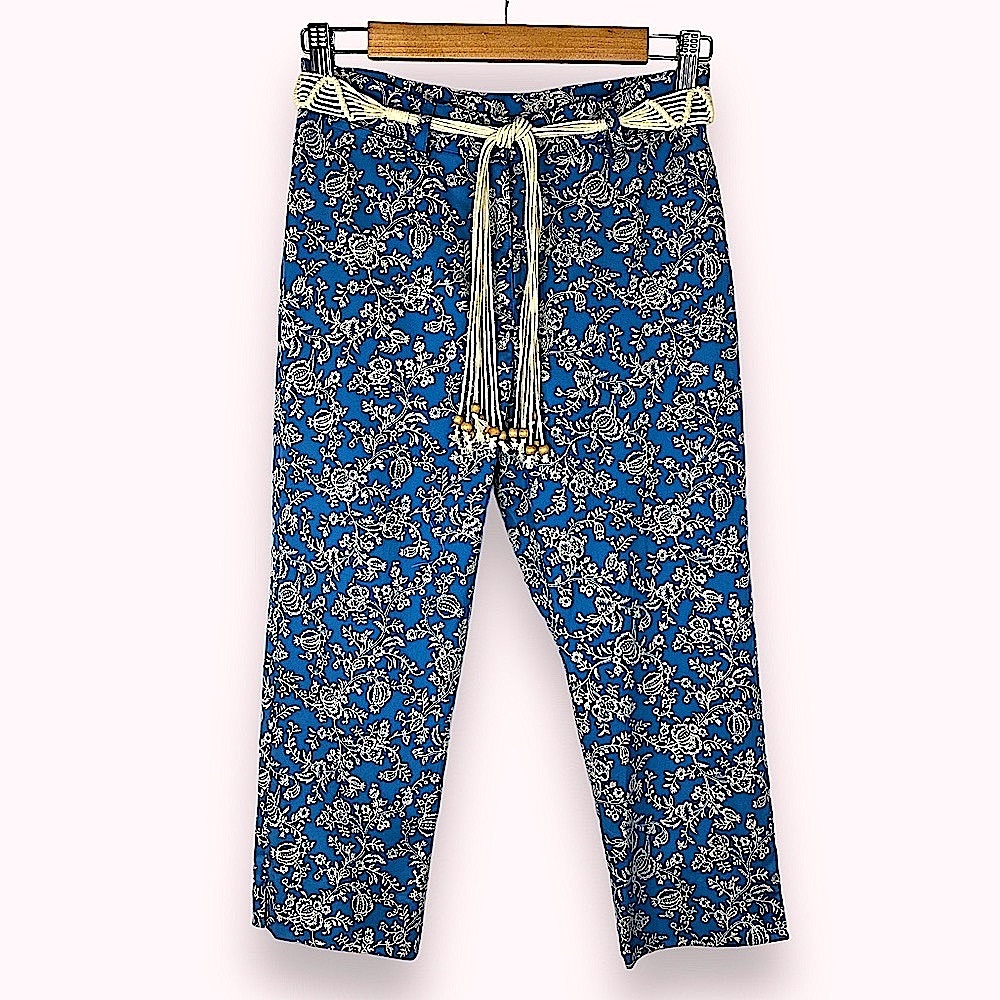 90s Lauren Ralph Lauren 4P Fitted Capris Stretch High Waist Blue Macrame Belt